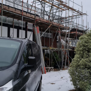 Scaffolding installed around the Weybridge house extension project