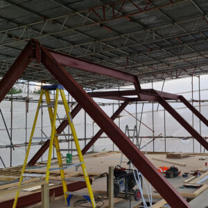 Load-bearing steel frame installed by Art & Build Ltd during the Weybridge house transformation