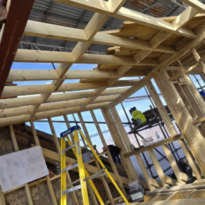 Structural timber framing and temporary access ladder inside a loft conversion, by Art & Build Ltd, Croydon builders serving South London