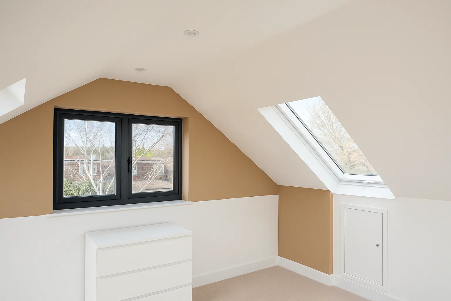 Hip-to-gable loft conversion interior in Croydon with gable window, rooflight and newly finished attic room