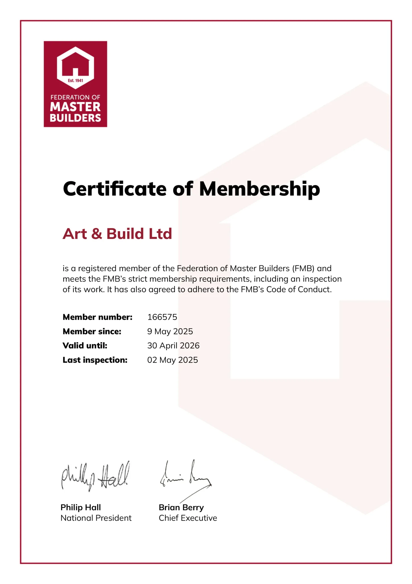 Federation of Master Builders certificate – Art & Build Ltd builders Croydon