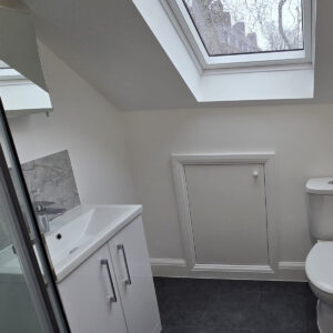 Completed loft en-suite bathroom with shower, vanity unit, toilet and roof window in Southwark