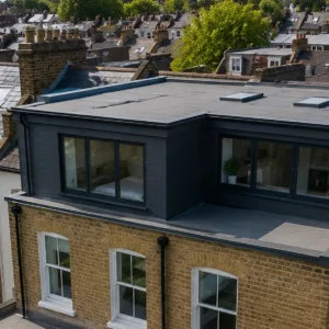L-shaped loft conversion on a Victorian terraced house in Croydon with a flat-roof dormer, viewed from above