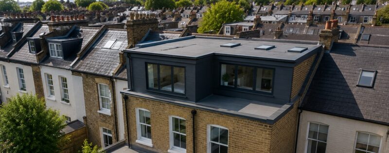 L-shaped loft conversion on a Victorian terraced house in Croydon with a flat-roof dormer, viewed from above