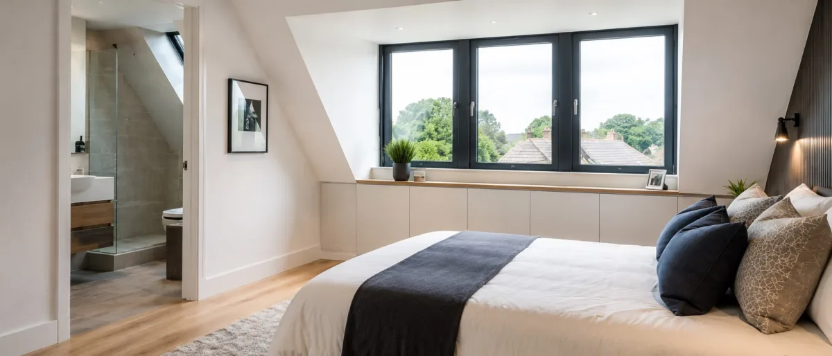 Modern dormer loft conversion bedroom with en-suite bathroom and large windows