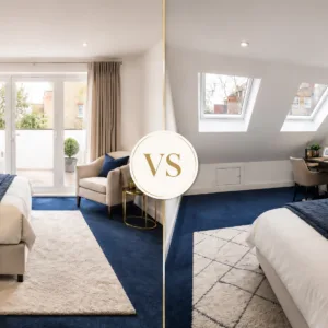 Dormer loft conversion vs Velux loft conversion comparison showing two finished attic bedrooms with different window styles