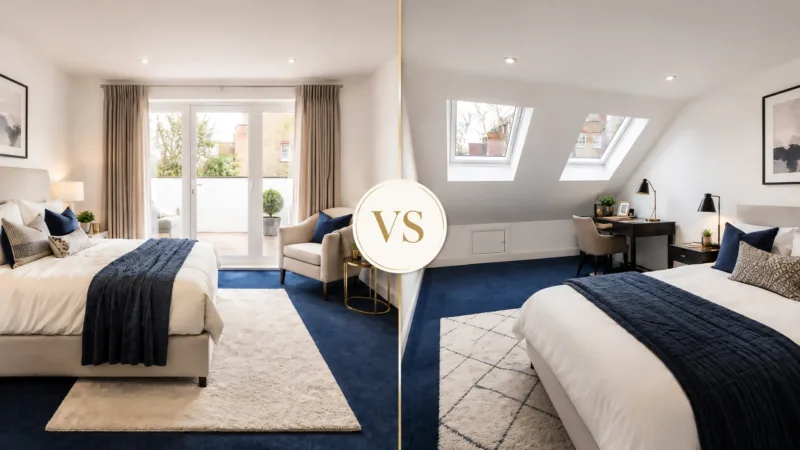 Dormer loft conversion vs Velux loft conversion comparison showing two finished attic bedrooms with different window styles
